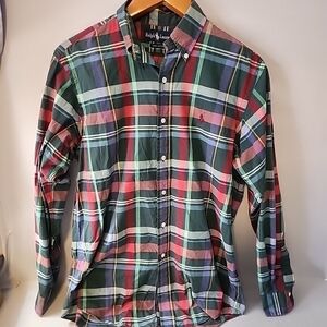 Polo Ralph Lauren Button Down Long Sleeve Cotton Shirt Green Blue Red Plaid Sz M
